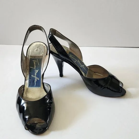 Thierry Mugler Vintage Black Patent Peep Toe Marilyn Monroe Style 6.5 - Picture 1 of 11
